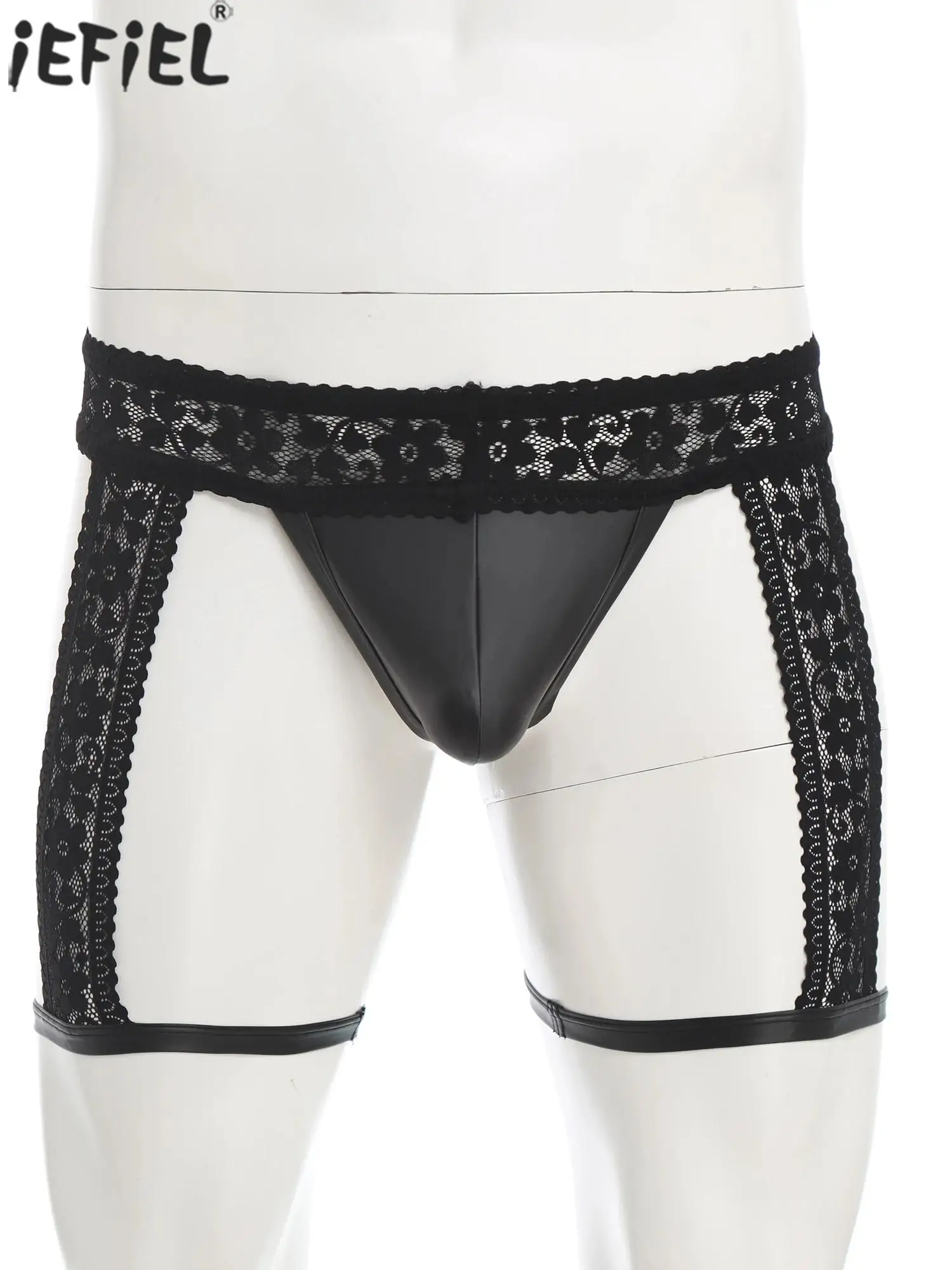 

Men's Sexy Low Rise Briefs PU Leather Bulge Crotch Lace Trim G-string Thongs with Lace Leg Garters for Gays Tempting Underwear