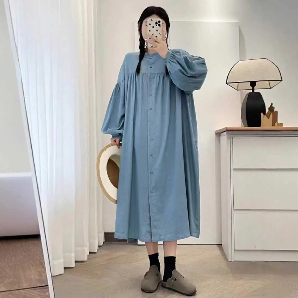 일본 빈티지 모리 소녀 솔리드 컬러 싱글 브레스트 셔츠 드레스 여성 가을 ​​스탠드 칼라 긴 랜턴 슬리브 캐주얼 드레스