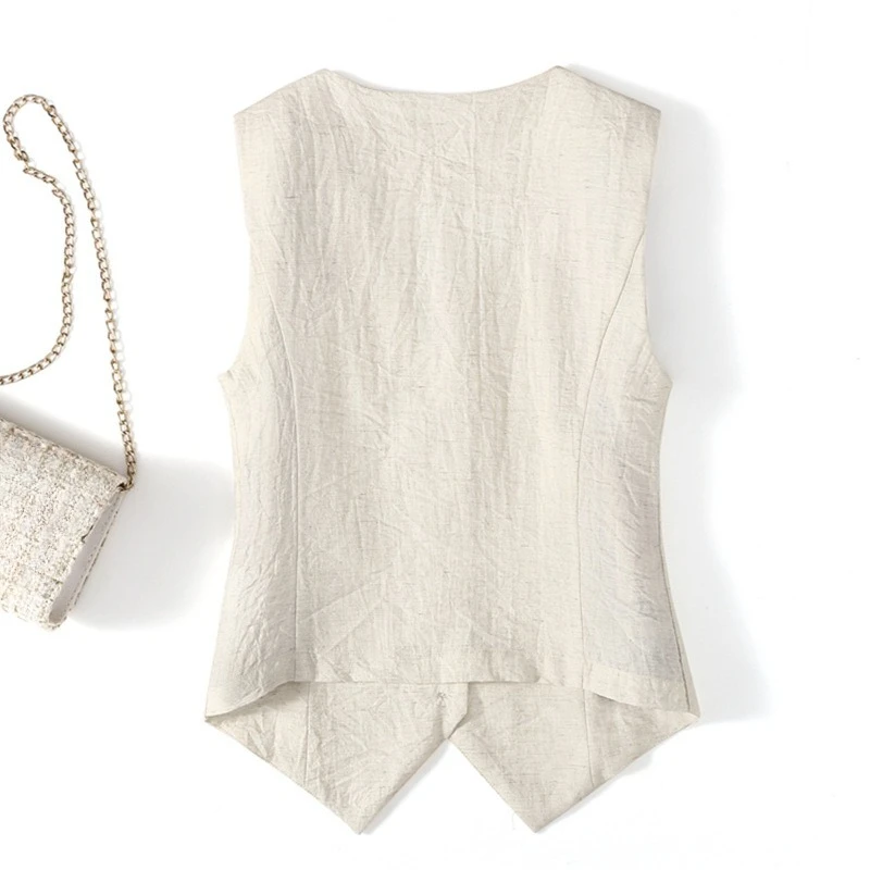 Retro Retro ผ้าลินินเสื้อกั๊กผู้หญิง V คอปุ่มด้านหน้าปรับแต่งเสื้อกั๊ก Cropped น้ําหนักเบาฤดูร้อน Layering Casual