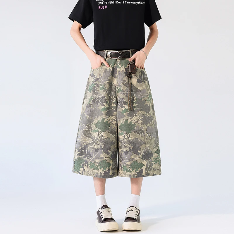 Print Jeans Men Spring Summer Streetwear Fashion Hip Hop Calf-length Loose Casual Wide Leg Denim Pants Jeans Male Trousers