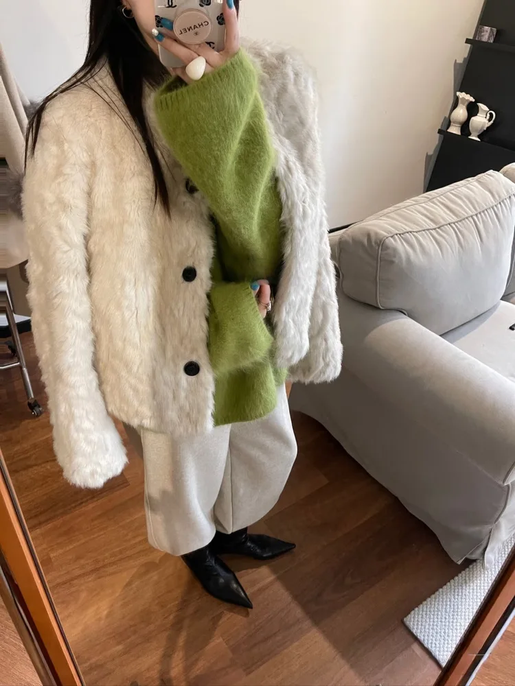 Women Faux Shearling Fur Coats Solid Fur Jackets Cotton Linen V Neck Long Sleeves Single Breasted Loose Fit Casual 2026 Winter
