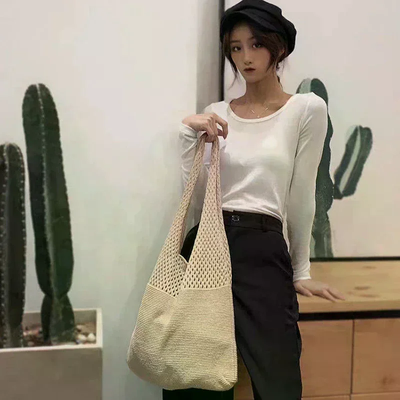 Retro Fashion Portable Knitted Yarn Storage Bag Large Capacity Leisure Shoulder Bag Shopping Bag Practical Tote Bag Handbag