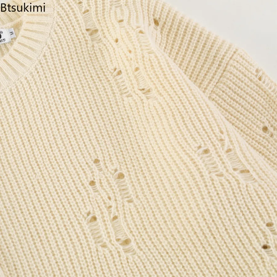 2025 Men's Fried Dough Twists Knitted Crochet Perforated Solid Pullover Sweater Autumn Fashion Hip Hop Loose Knit Tops for Men
