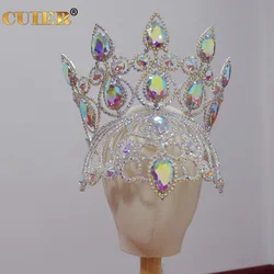 CUIER Huge Size Beauty Pageant Crystal AB Headpiece for Women Stage TV Show Rhinestone Hat Glass Gemstones Crown for Drag Queen