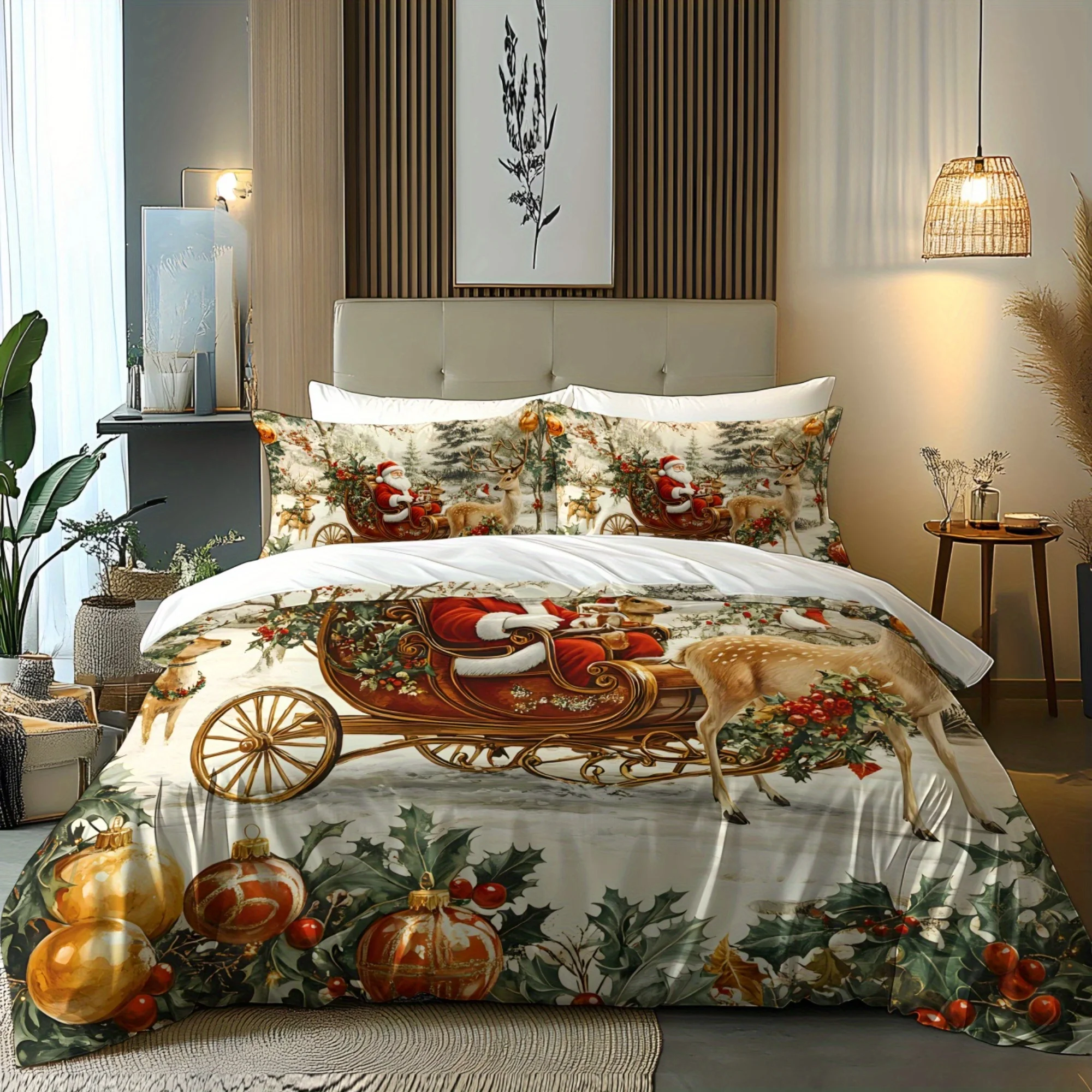 

Christmas Santa Claus Sleigh Reindeer Snowman and Snowflake Gift Pattern Super Soft Fleece Digital Printing Quilt Cover Bedding