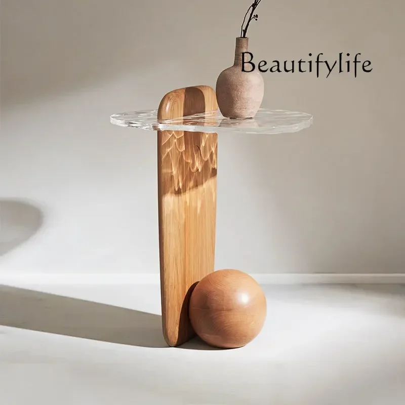 

X Nordic style solid wood edge table modern simple living room sofa small coffee table high-end water ripple glass corner table
