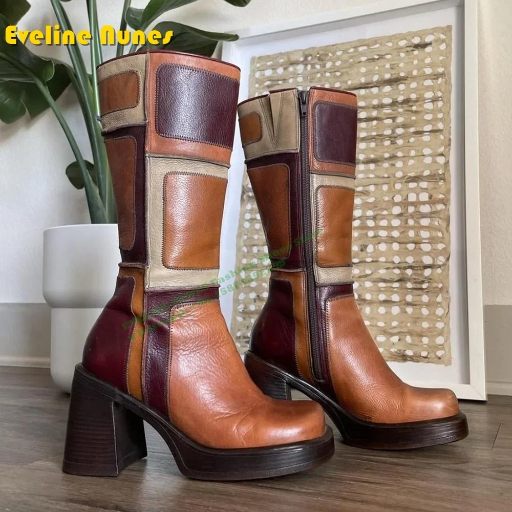 Platform Plaid Patchwork Retro Women\'s Knee High Boots Square Toe Block Heels Zipper Closure Large Size Modern Boots 2024 Winter