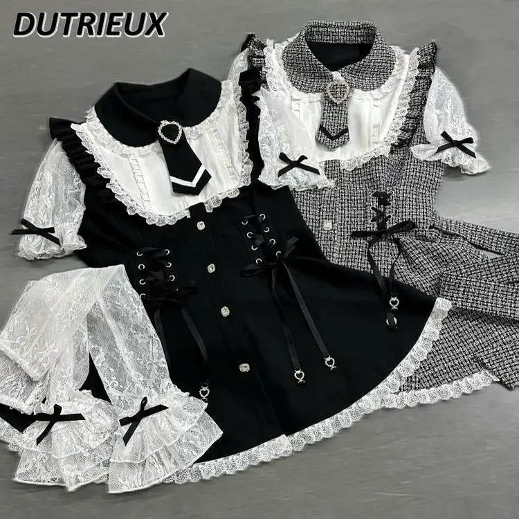 

Mine Series Mass-produced Japanese Color-matching Short-sleeved Top Doll Collar Lace-up Slim-fitting Dress and Shorts Set
