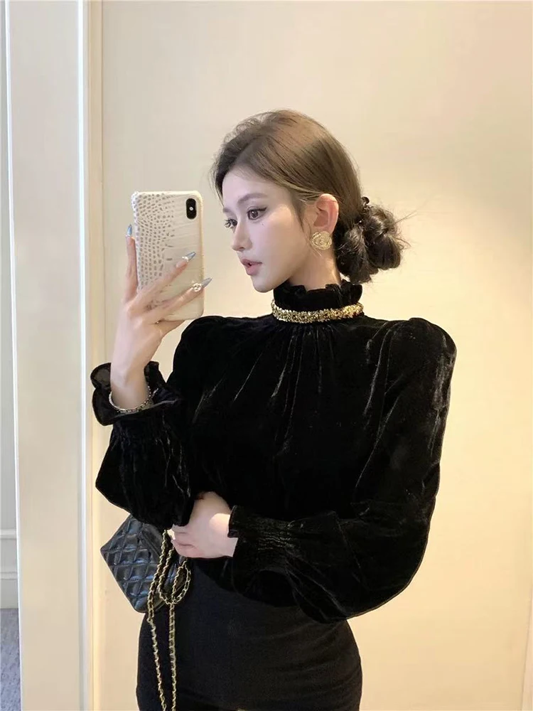 

Бархатные блузки с воротником-стойкой, женские корейские шикарные бусины, черный пуловер с длинными рукавами, осенняя мода, лоскутные универсальные топы Mujer