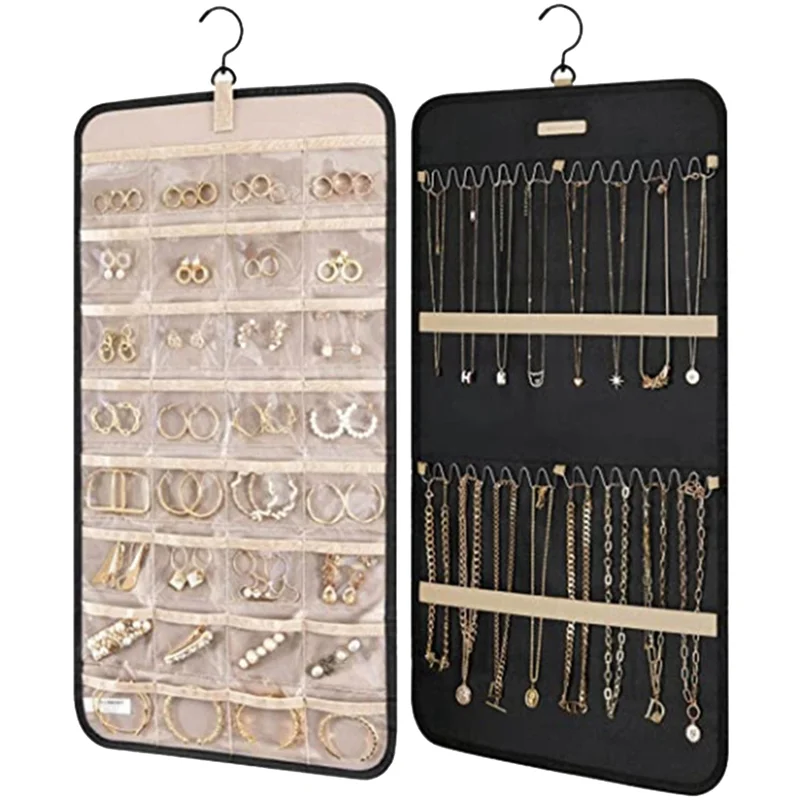 Hanging Jewelry Organizer, Necklace Holder Anti-Tangle Earrings Rings Hanger with Pockets Hang on Closet, Wall, Door