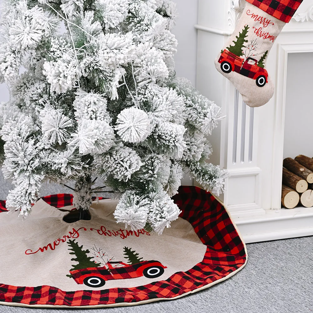 1 PC Christmas Decorative Products Car Christmas Tree Skirt Plaid Christmas Tree Bottom Decoration Tree Apron