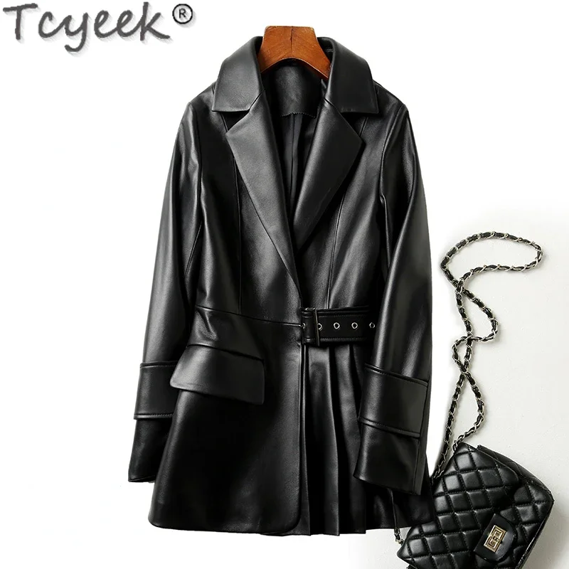 

Tcyeek Real Sheepskin Trench Coat Fashion Genuine Leather Jacket Black Womens Mid-length Suit Jackets 2023 Autumn Winter Clothes