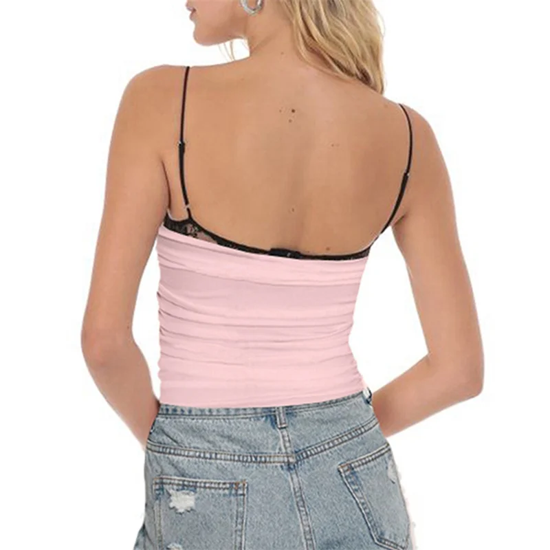 Y2k Lace Cami Crop Top per le donne Sexy Backless senza maniche Spaghetti Strap canotte maglia increspato canotta 2024 estate