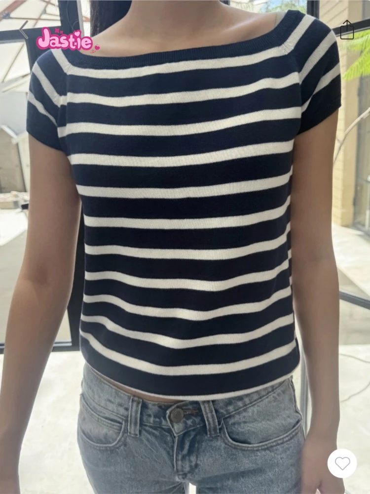 Navy Blue Stripe Knitting Summer T-shirt Versatile Classic Women Tshirt Square Collar Short Sleeve Tee 2024 Autum Spring Sweater