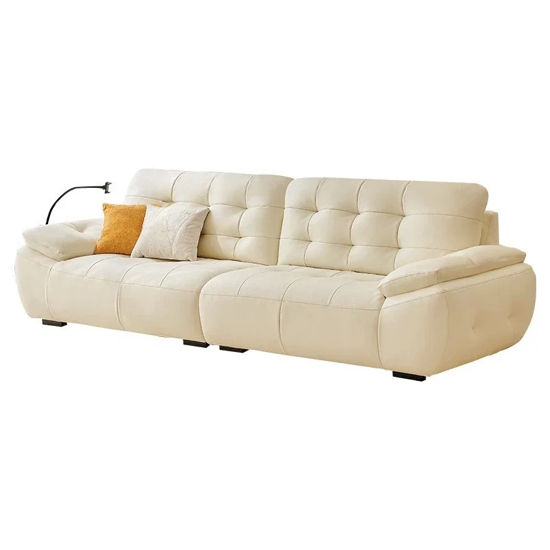 

French cream style, small apartment in the living room, puff marshmallow cloud sofa, multi functional charging, leather
