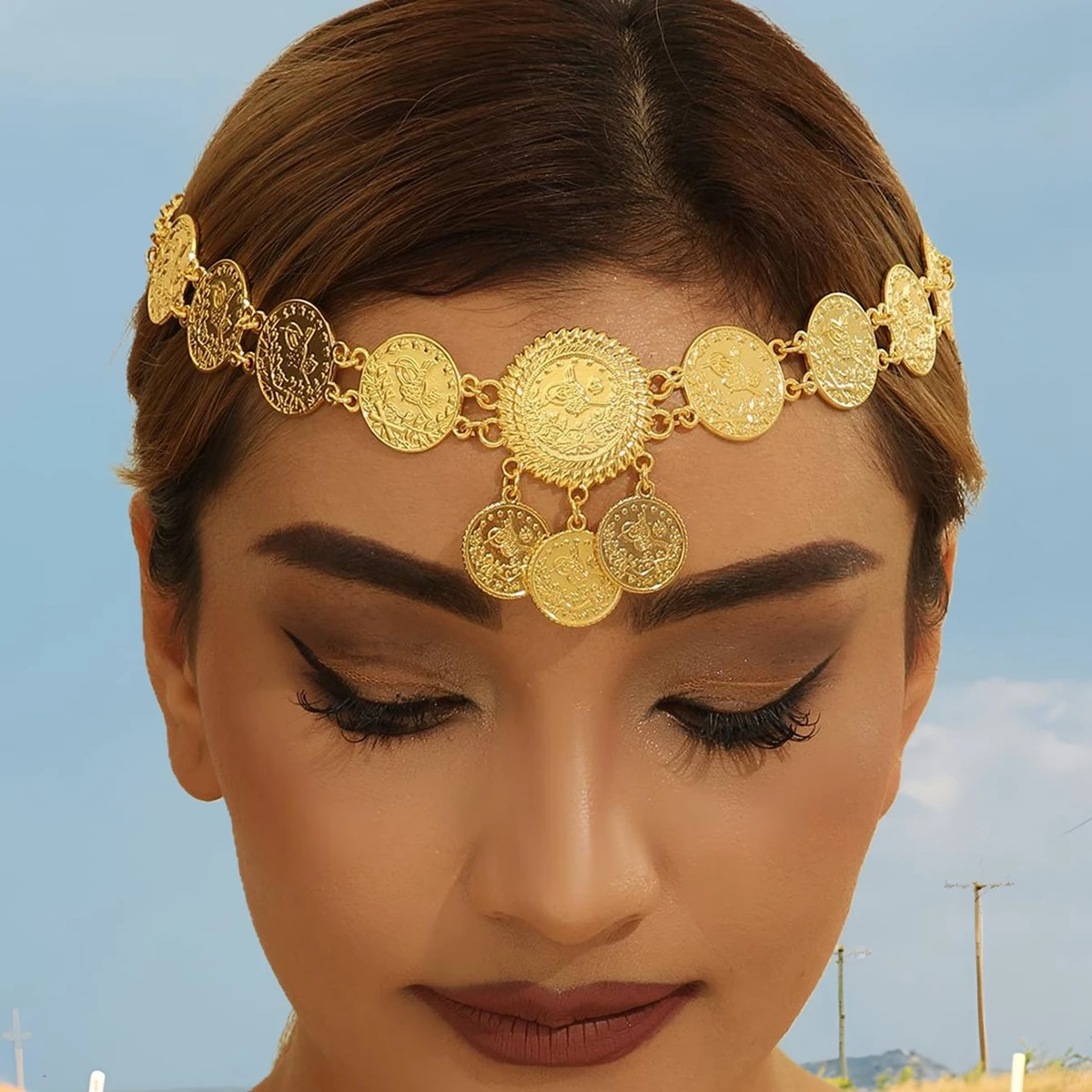 Arab Bridal Headdress Trendy Gold Color Metal Alloy Coin Tassel Head Chain Jewelry Headband Women's Wedding Accessories