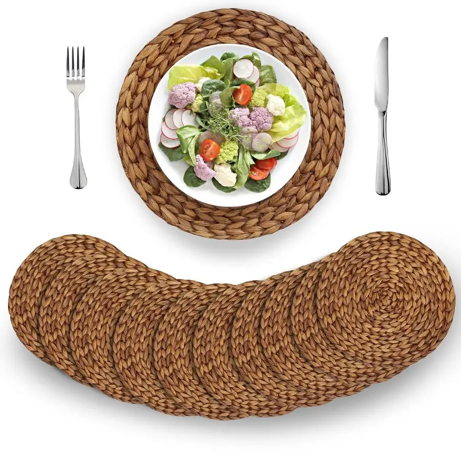 

Brown Woven Placemats Round Set of 10, Natural Water Hyacinth Weave Placemat for Dining Table, Large Handmade Woven Placemats He