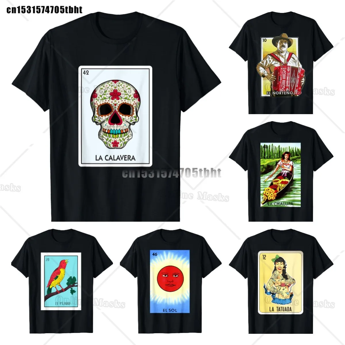 La Calavera Lottery Gift The Skull Card Mexican Lottery T-Shirt Mexican Loteria Bingo Cards Mens Short Sleeved