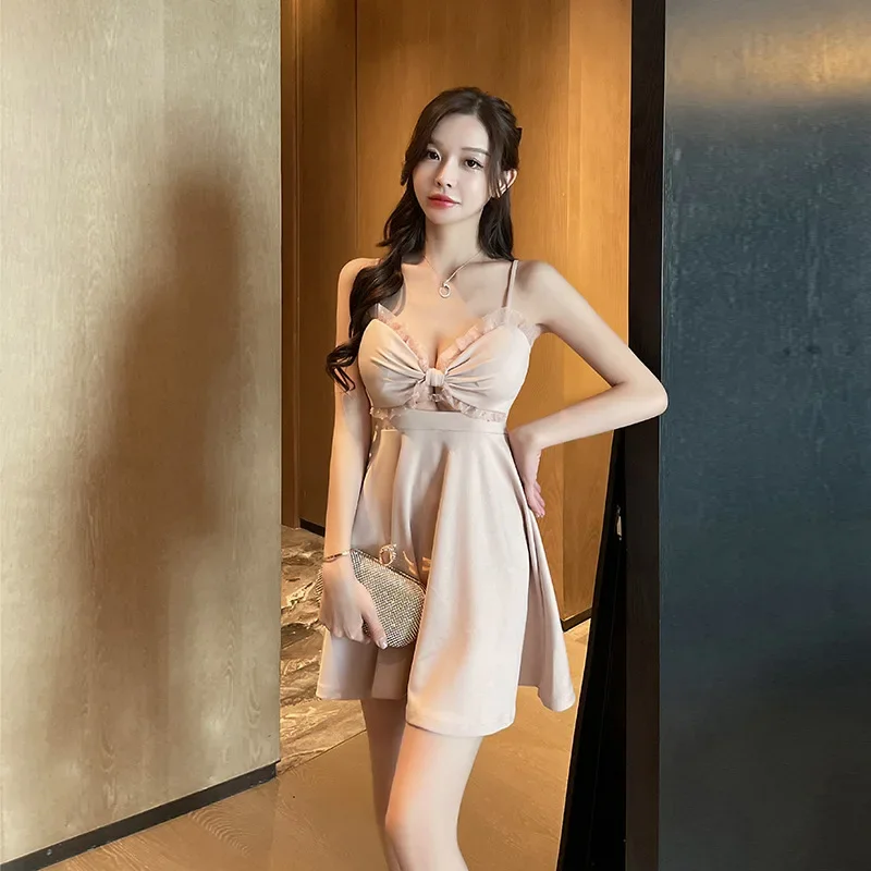 Sexy deep V low cut camisole women's short skirt temperament backless night KTV princess dress foot massage technician work