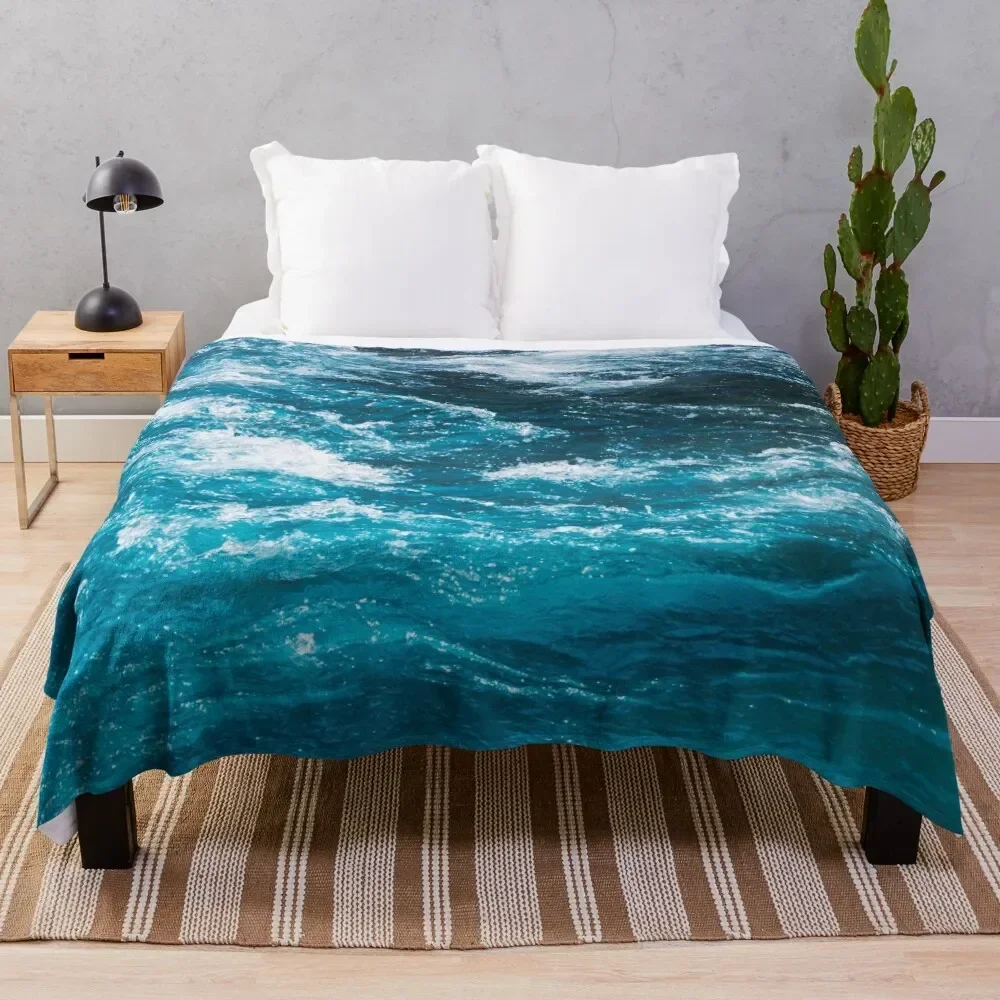 

Turquoise Blue Ocean Waves Throw Blanket Bed Plaid on the sofa Blankets