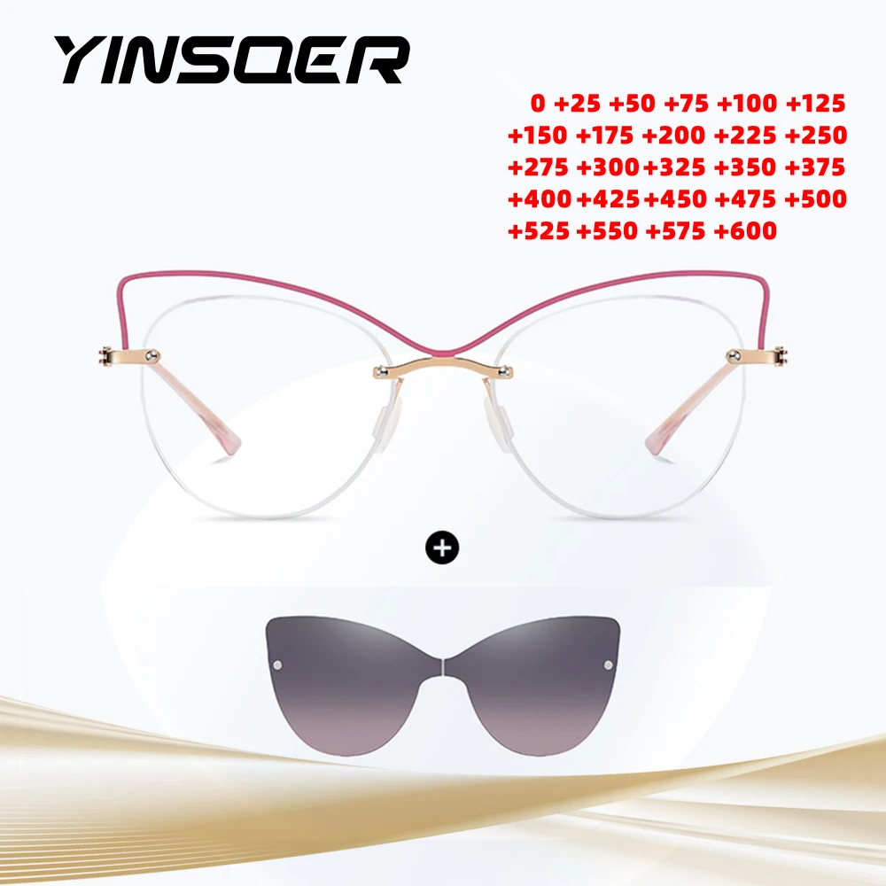 

Women Frameless Optical Sunglasses Fashion Hollow Out Cat Eye Glasses Magnetic Clip Polarized Lenses Reading Spectacle Frame