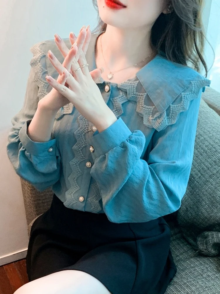 

Spring Autumn 2023 Sweet Peter Pan Collar Single Breasted Women Hollow Out Ruffles Blouses Office Lady Tops