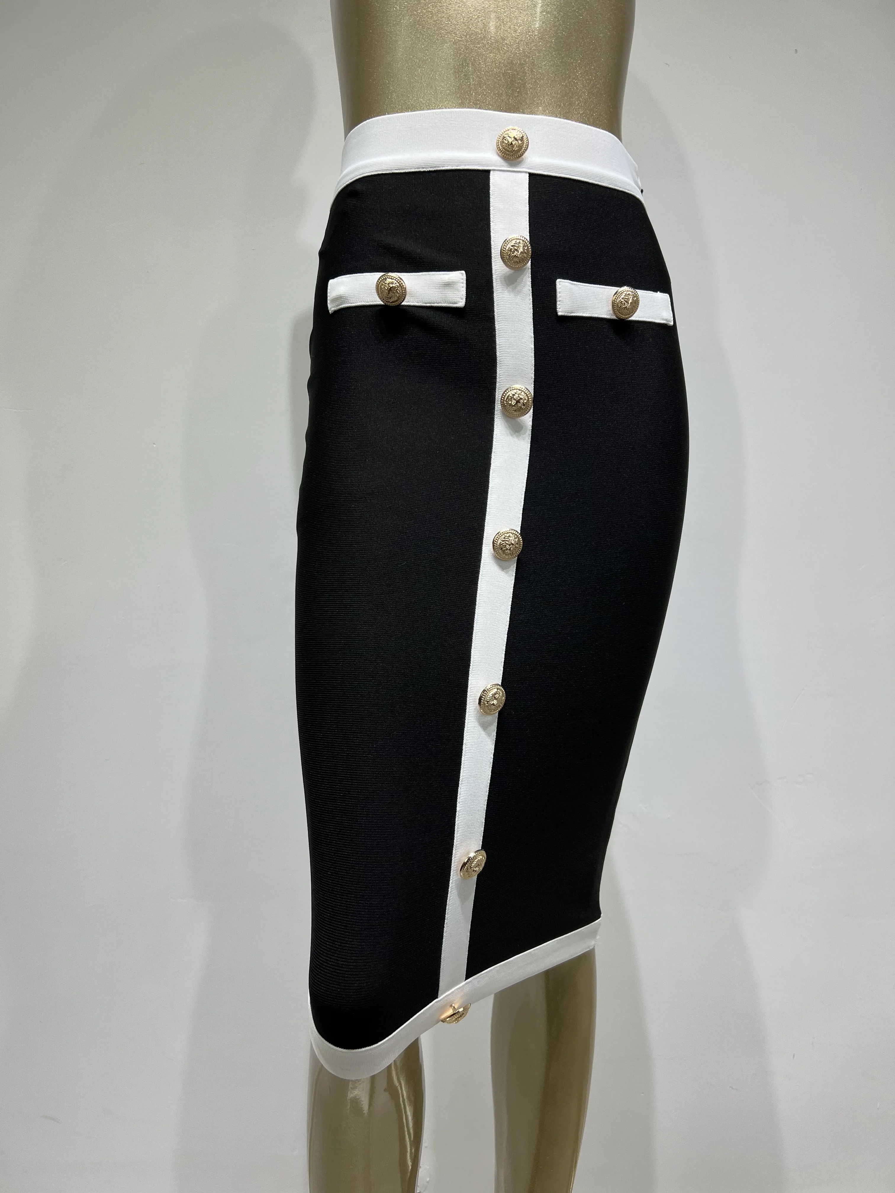 Women Elastic Bandage Skirt Black White High Waist Gold Buttons Elegant Pencil Skirts Office Lady  Formal Business Wear