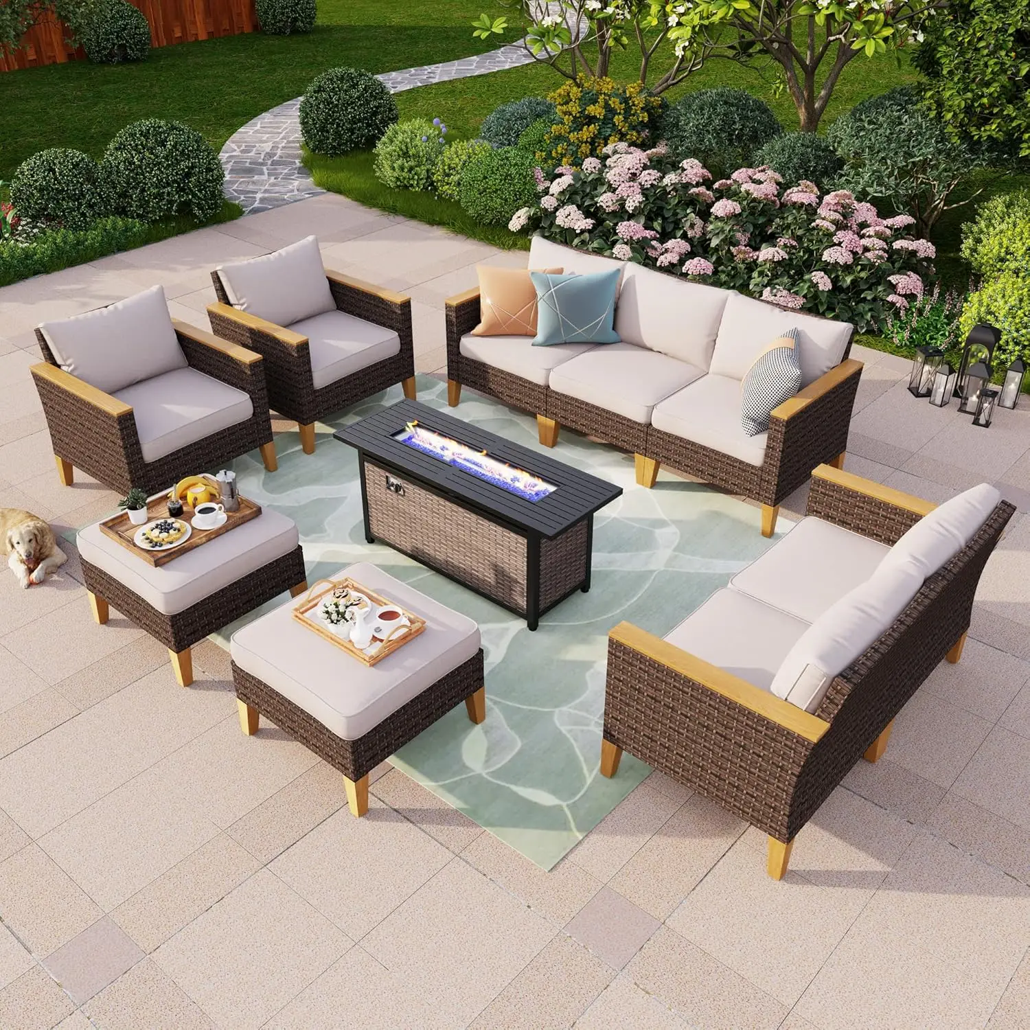 Phi Villa 10-Piece Outdoor Sectional Patio Conversation Set With 56