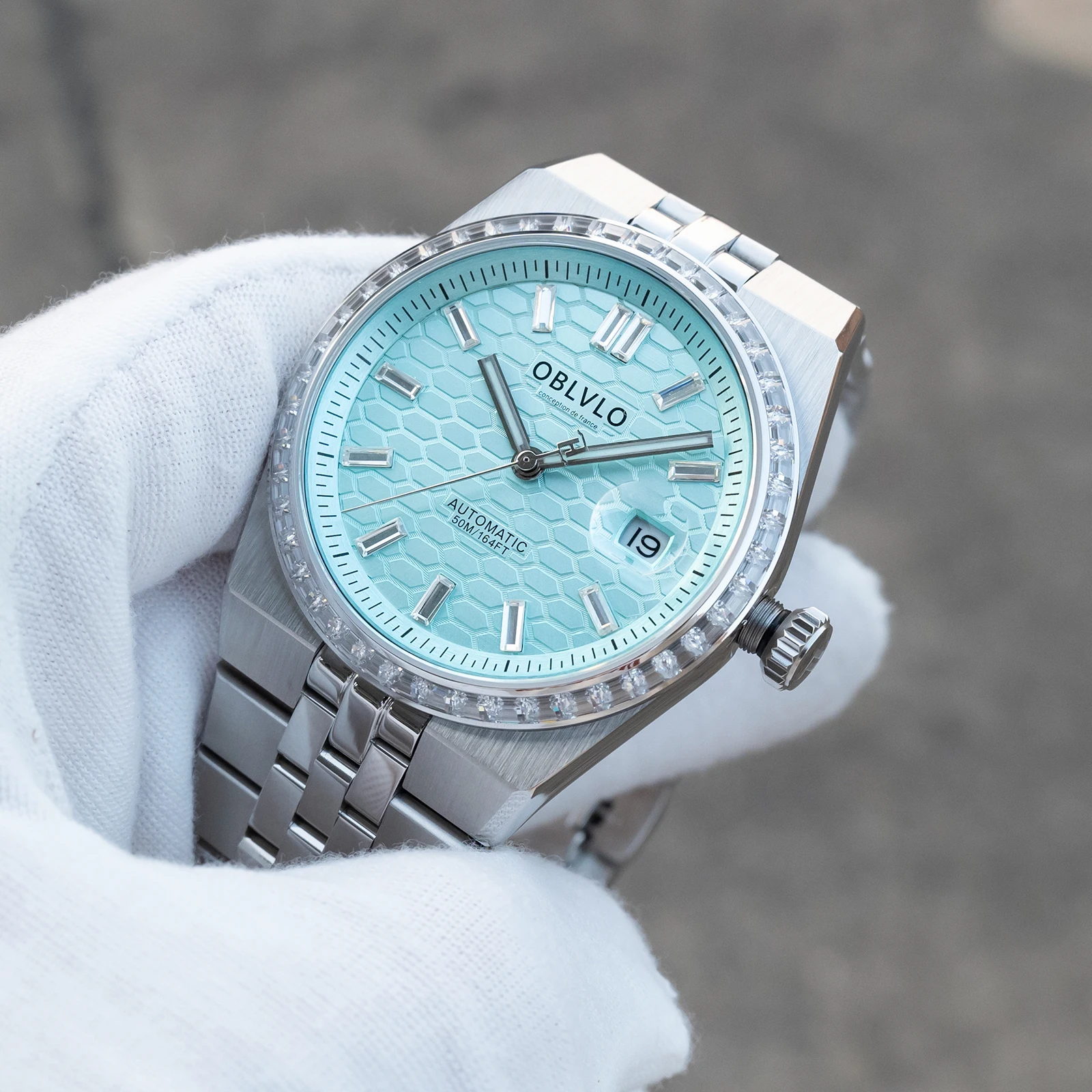

Мужские винтажные часы OBLVLO, 40 мм, светло-голубой текстурированный циферблат, водонепроницаемость 50 м, автоматический механизм Miyota, браслет, модель RX-LD-D