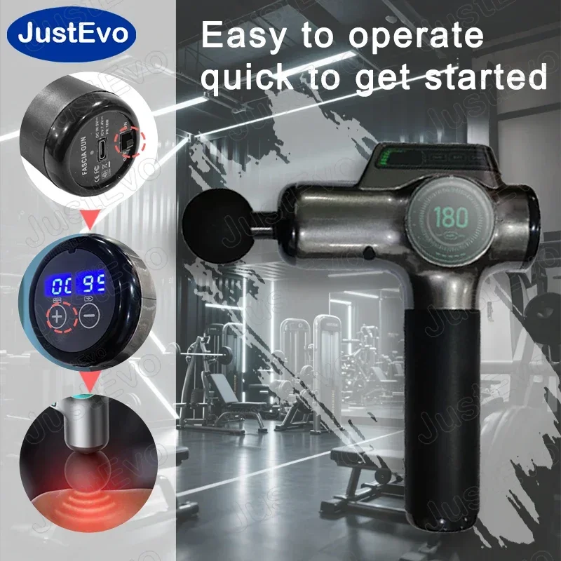 JUSTEVO Massagepistool op 99 niveaus, Type-C oplaadbaar, 8 massagekoppen, intensiteits- en batterijdisplay, perfect cadeau.