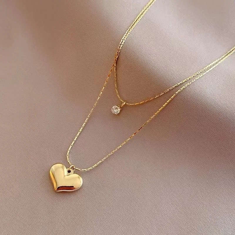 Yupsk New Stainless Steel Double Layer Smooth Metal Heart Pendant Necklace Exquisite Birthday Jewelry Gift for Women