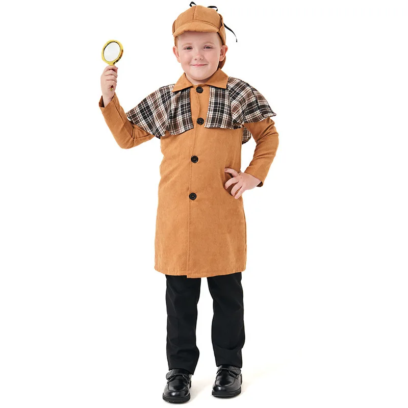 Boys Halloween Private Detective Costumes Kids Children Inspector Cosplay Carnival Purim Parade Stage Role Play Show Party Dress