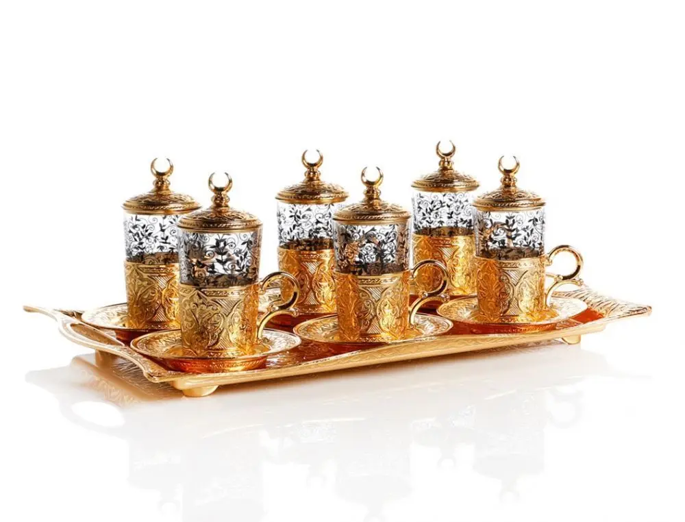 LaModaHome Turkish Arabic Tea Glasses Set of, Fancy Vintage Handmade Set for Serving, Teatime, new Home Wedding Gift Gold Colour Tu