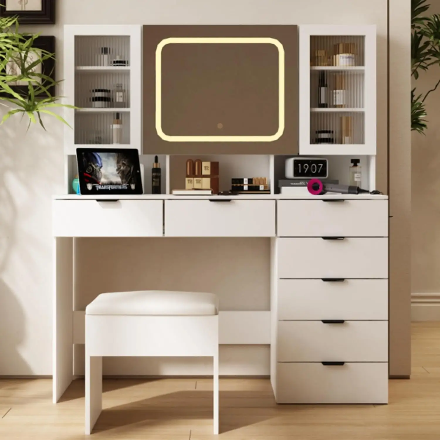 Dressing Table Set, White Dressing Table, Cushioned Stool, Hemp Surface Particle Board, 7 Drawers and 2 Doors, LED 3-Color