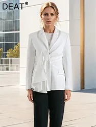 DEAT Fashion Women's Waist Folids Ribbon Blazer Notched Collar Covered Button Long Sleeve White Suit Jackets Autumn 2024 New