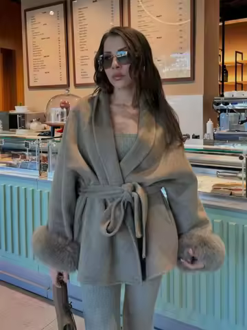 Solid Lace Up Faux Fur Sleeve Jacket Woman Elegant Mid-length V-neck Woolen Blend Coat Autumn Casual Fashion Scarf Outwear 2025