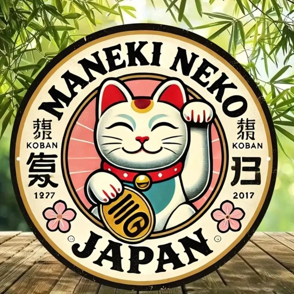 Round Maneki Neko Lucky Cat Aluminum Sign - Retro Japanese Charm Art, Ideal for Office/Home view 4