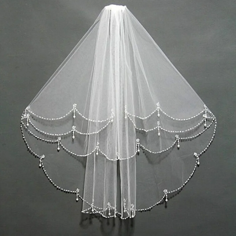 Women Wedding Veil with Comb 2 Layers Tulle Pearls Beads Bridal Accessories