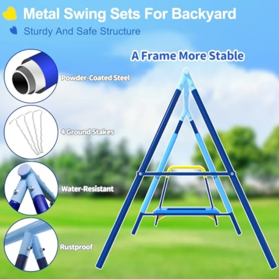 Set altalena da 440 libbre Parco giochi esterno 3in1 con piattino Sedile con cintura altalena e trampolino da 4 piedi Supporto in metallo AFrame resistente e sicurezza
