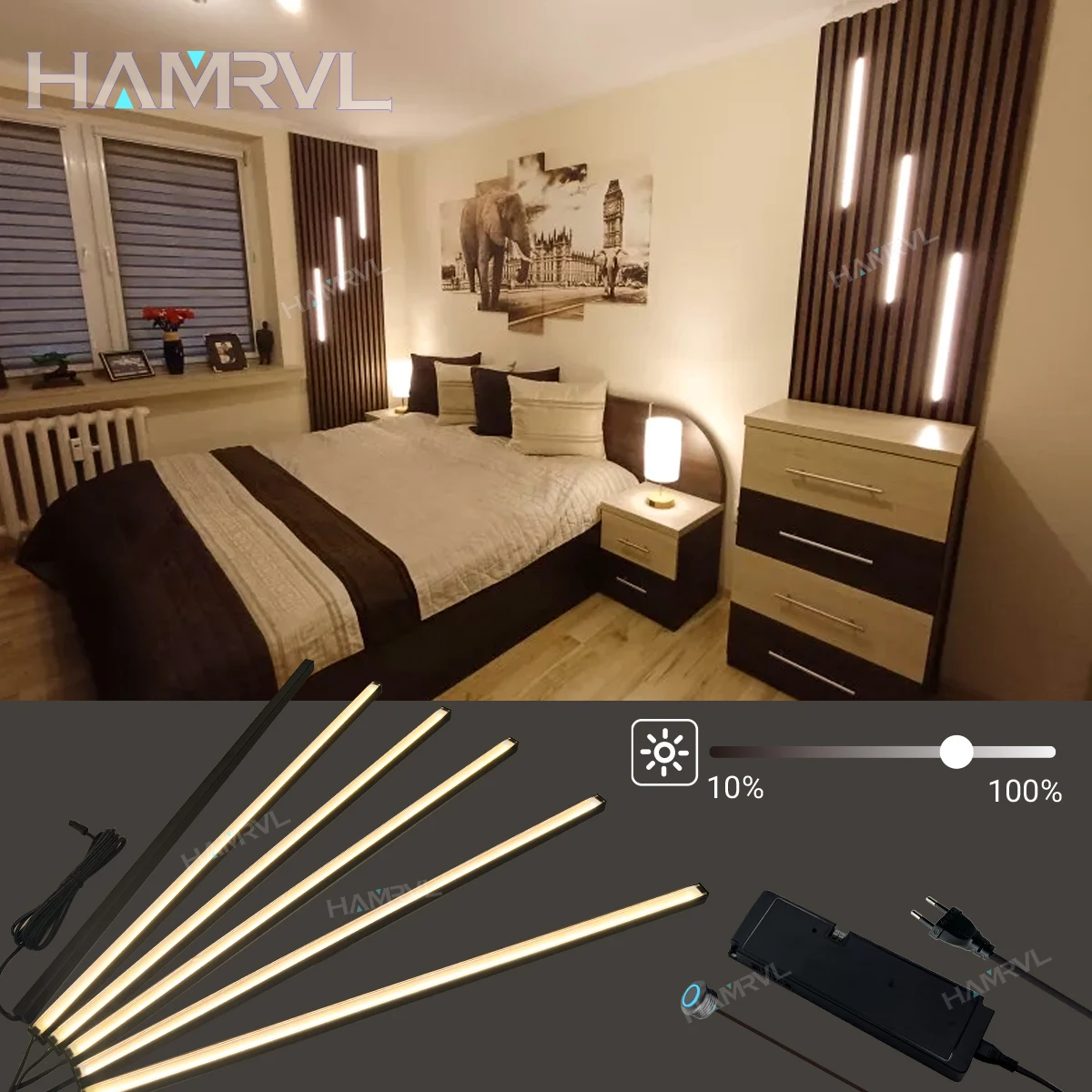 Éclairage LED encastré pour panneau mural en lattes de bois en parallèle avec variateur tactile, auto-adhésif pour décorations murales en lattes, éclairage de meuble, armoire, sous-meuble, lampe de chevet, barre en aluminium, bande LED d'ambiance