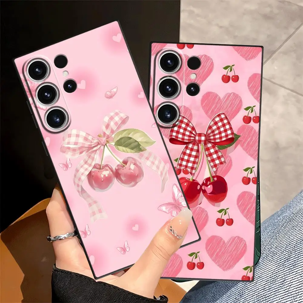 Pink Bow Cherry Case for Samsung Galaxy S26 Ultra S25 Edge S26+ S24 Plus S22 Note 20 S20 S25+ S21 S23 FE Phone Cover