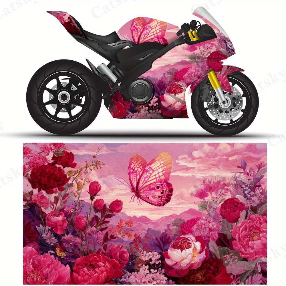 

Sweet Dream of Flowers & Butterflies Motorcycle Vinyl Wrap, PVC Self-Adhesive Waterproof Motorcycle Sticker, Anti-Scratch Decora