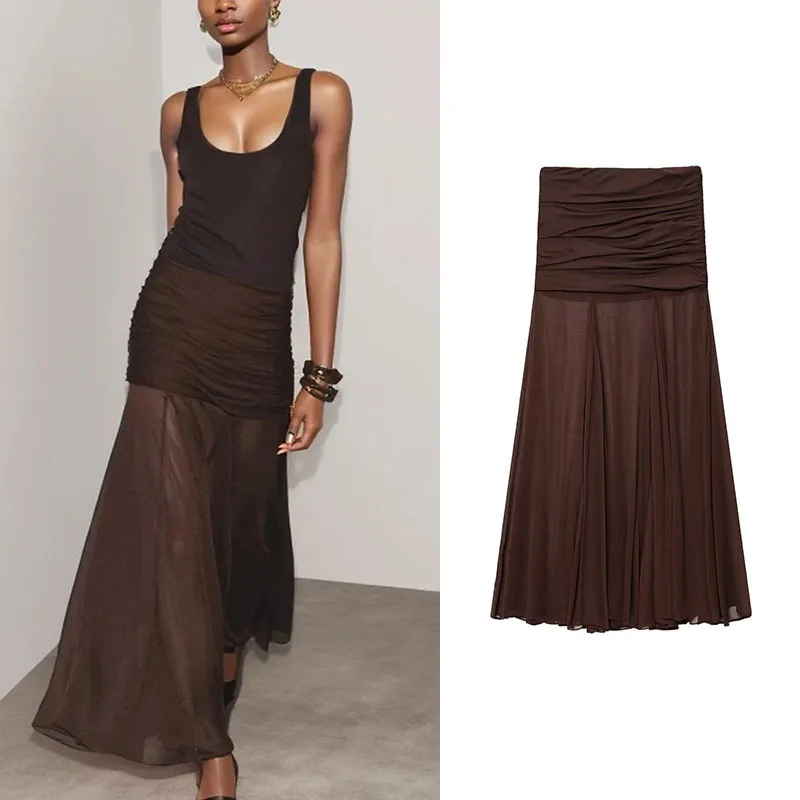 

Women High Waist Skirts 2025 Summer Ladies Solid Color Translucent Pleated Maxi Skirts Chic Streetwear Female Sexy Long Skirts