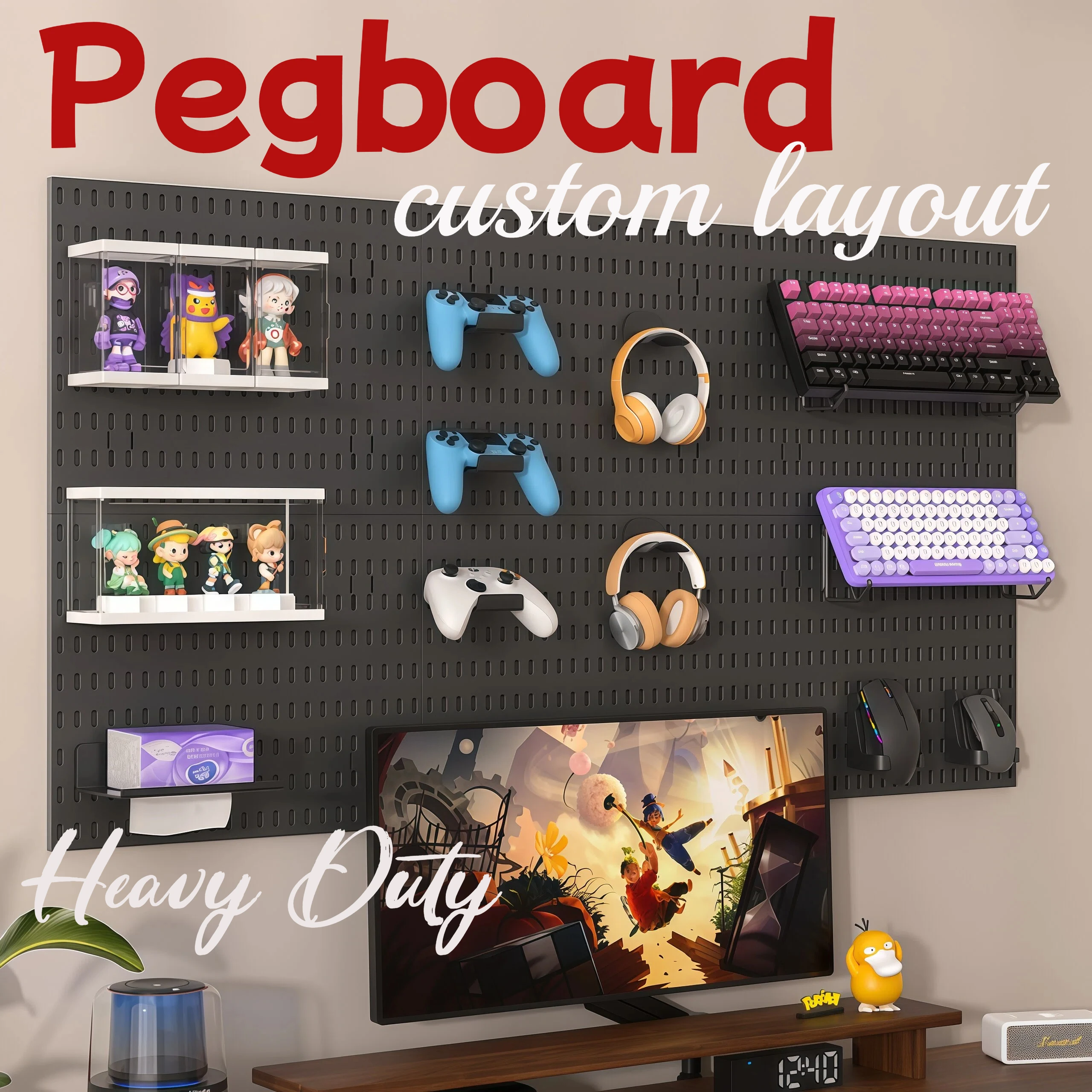 Black Plastic Pegboard Wall Panel Organizer Modern Hole Board with Hooks Shelf for Office Desk Gaming Setup Stationery Accessory