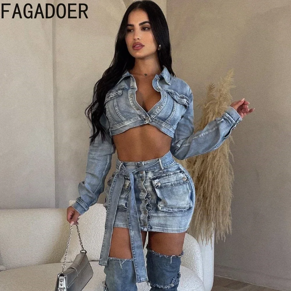 FAGADOER Blue Fashion Streetwear Women Button Long Sleeve Crop Top + Denim Mini Skirts Two Piece Sets Casual Female 2pcs Outfits