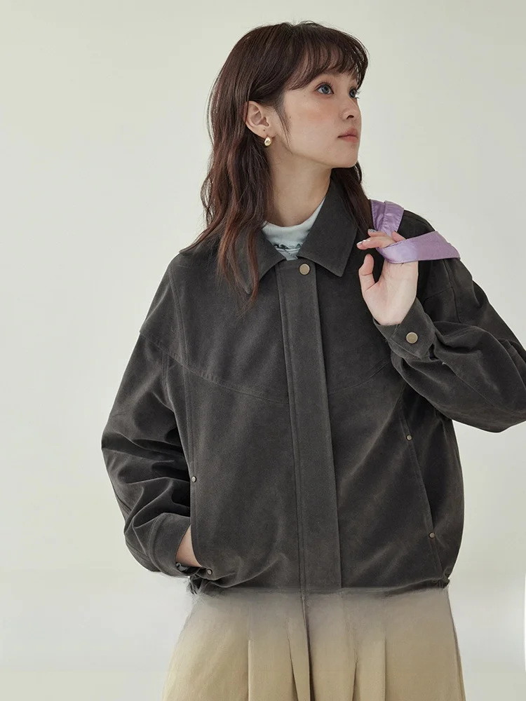 

AMUU Original Pure Color Faux Leather Zipper Long Sve Women's Jaet Sweet Cool Sle Button Detail Casual Outerwear