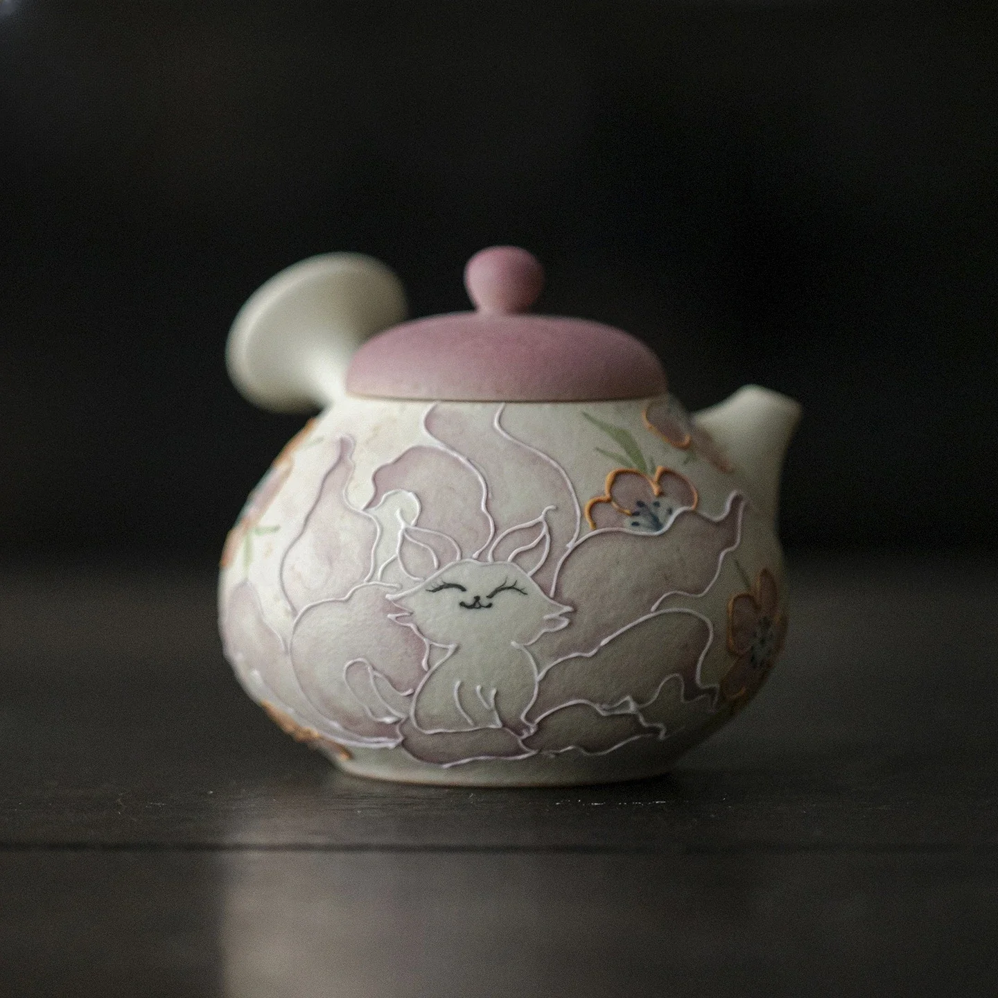 140ML Flint Red Hand-painted Nine-tailed Fox Ceramic Japanese Side Handle Pot Kung Fu TeaSet Household Ball Hole Filter Tea Bowl