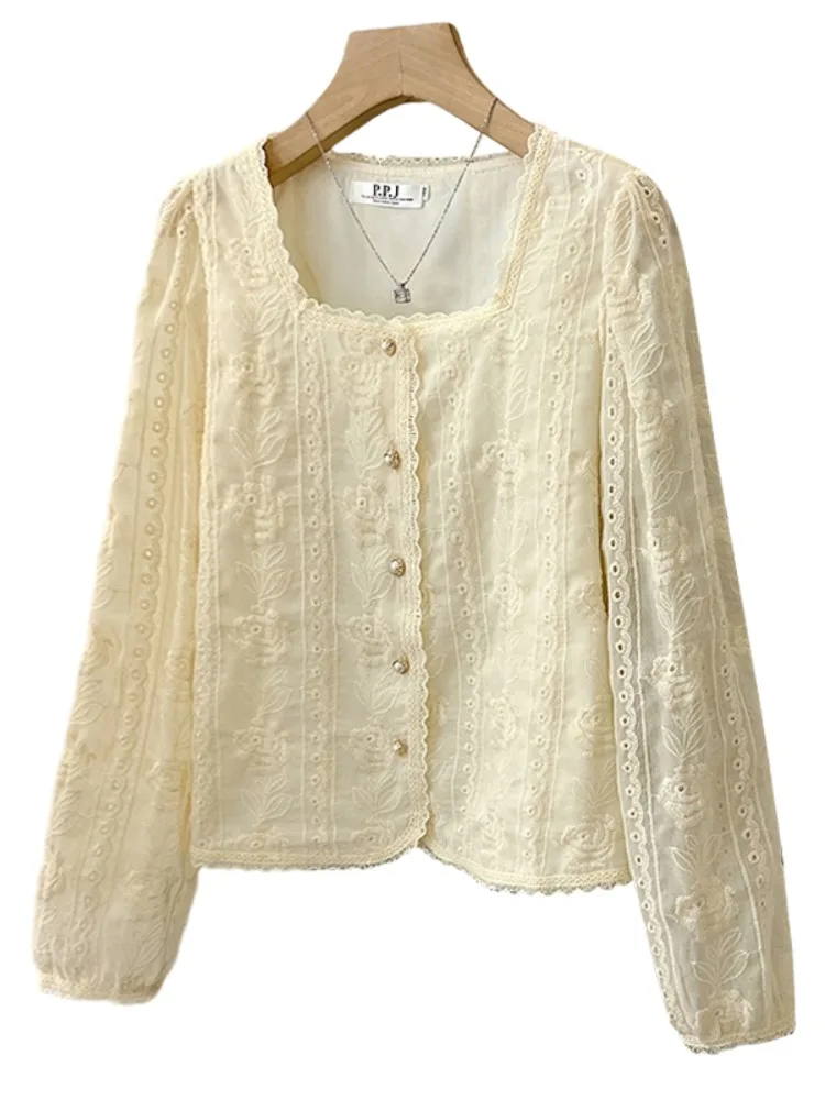 Ele Long Sve pizzo ricamato irt donna primavera autunno Faion colletto quadrato abbottonatura top in chiffon Age Defng