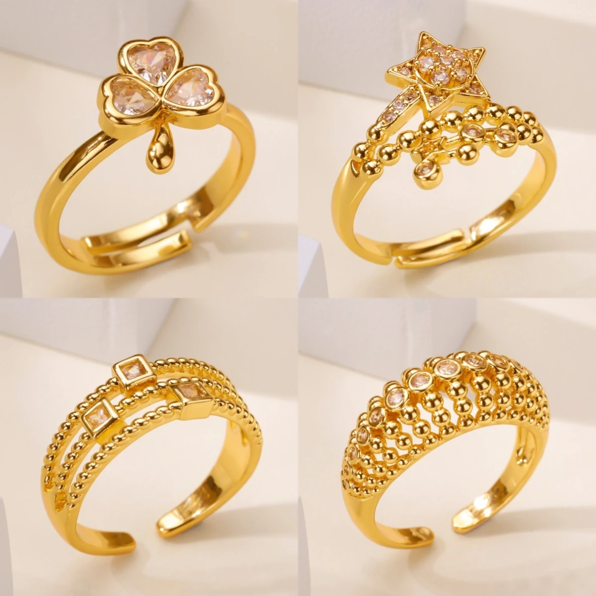 الفاخرة الزركون البرسيم الفولاذ المقاوم للصدأ خواتم للنساء الذهب اللون قابل للتعديل سحر البنصر لا تتلاشى مجوهرات هدية عيد ميلاد #1