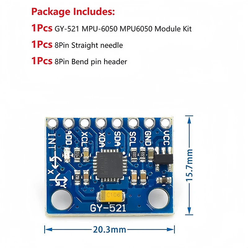 1 ensemble de capteurs Gyroscope analogiques IIC I2C GY-521 MPU-6050 MPU6050 3 axes + Module accéléromètre pour Arduino avec broches 3-5V DC